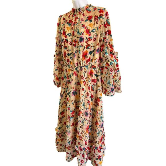 Bohemian Festival Multicolor Burnout Velvet Floral Midi Dress Ruffle Mock Neck - Picture 4 of 7